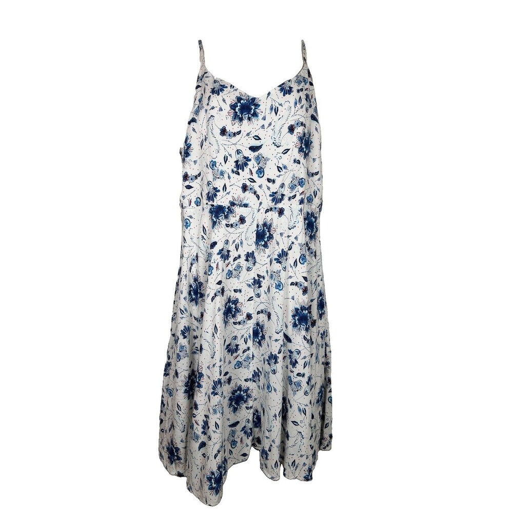 Gap v-neck blue & white floral lined fit & flare dress smocked back Womens Sz L